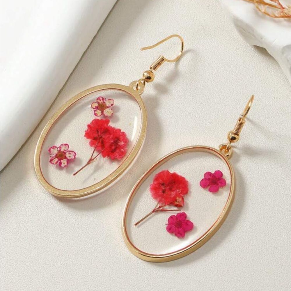 Bohemian Style Real Dry Flowers‎ & Red Starry Sky & Pink Flower Earrings